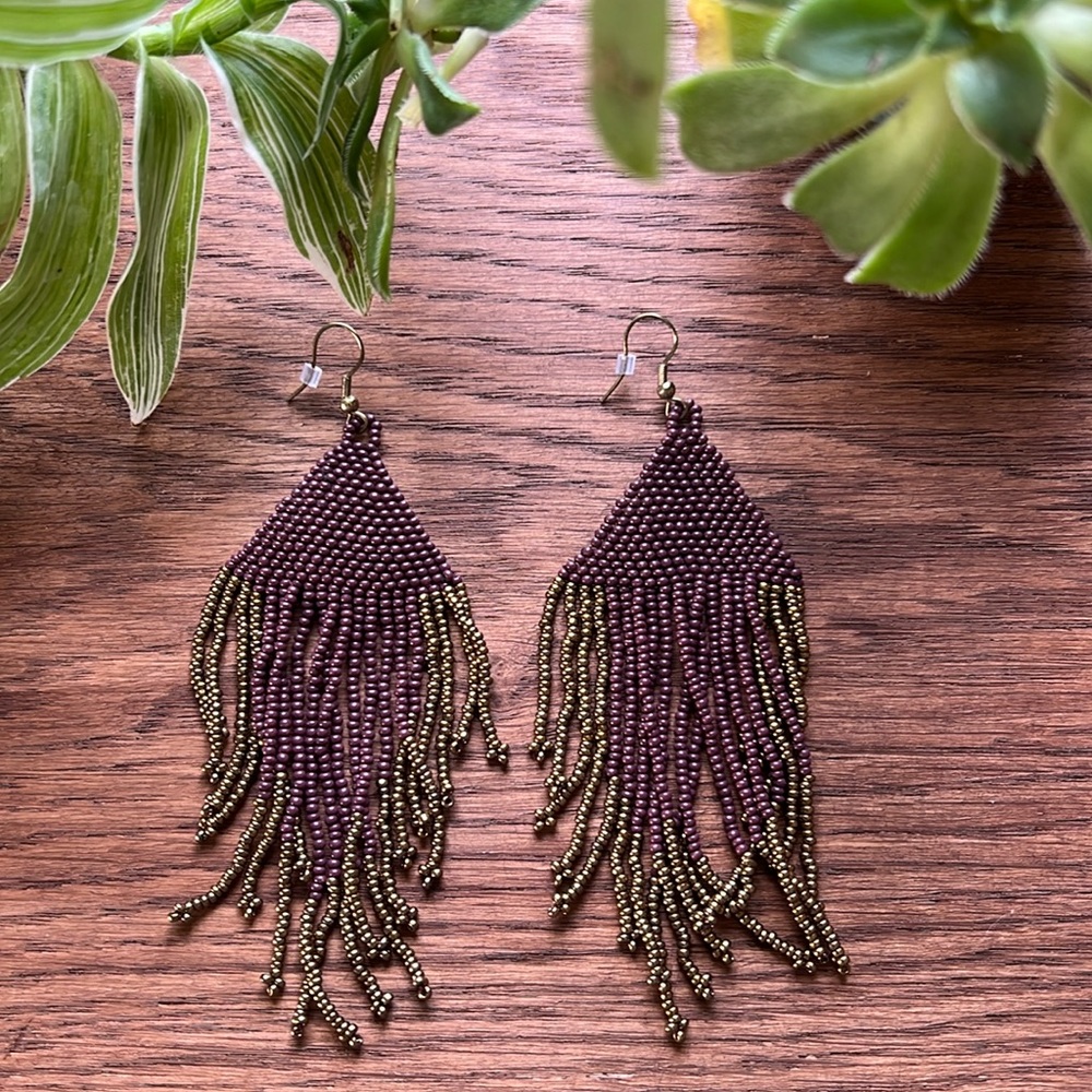 Purple and Gold Boho Bohemian Beaded Long Dangle Earrings
